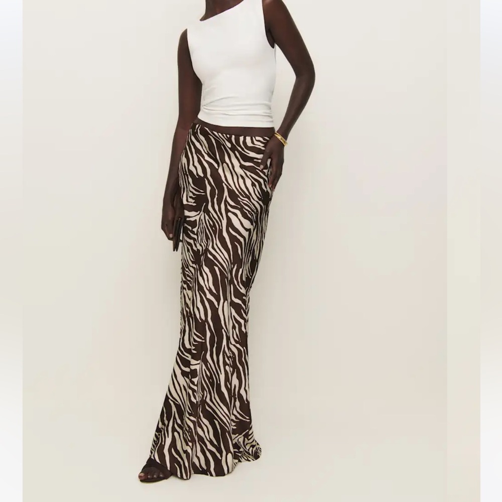 Reformation NWT Bella Satin Maxi Skirt- Brown Zebra Print XL